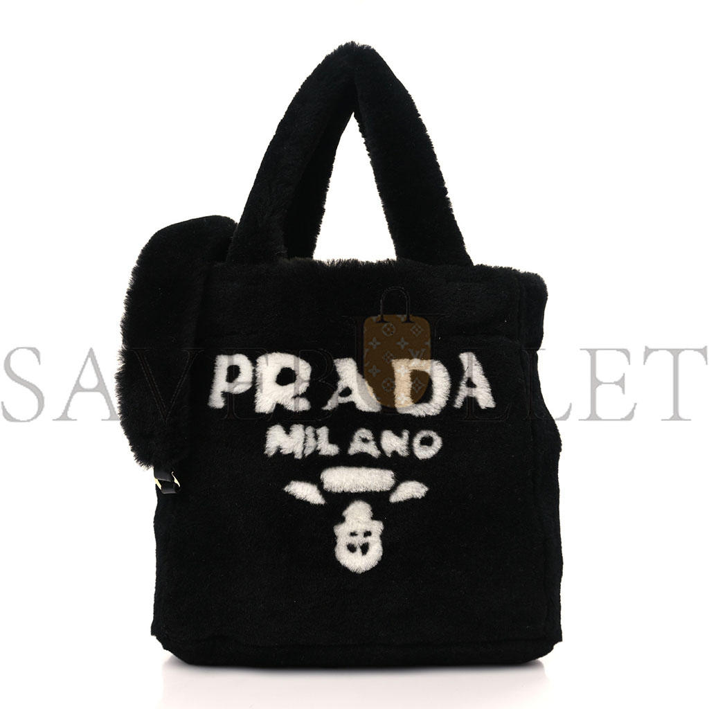 PRADA SHEARLING LOGO MINI TOTE BLACK WHITE (25*23*9cm)