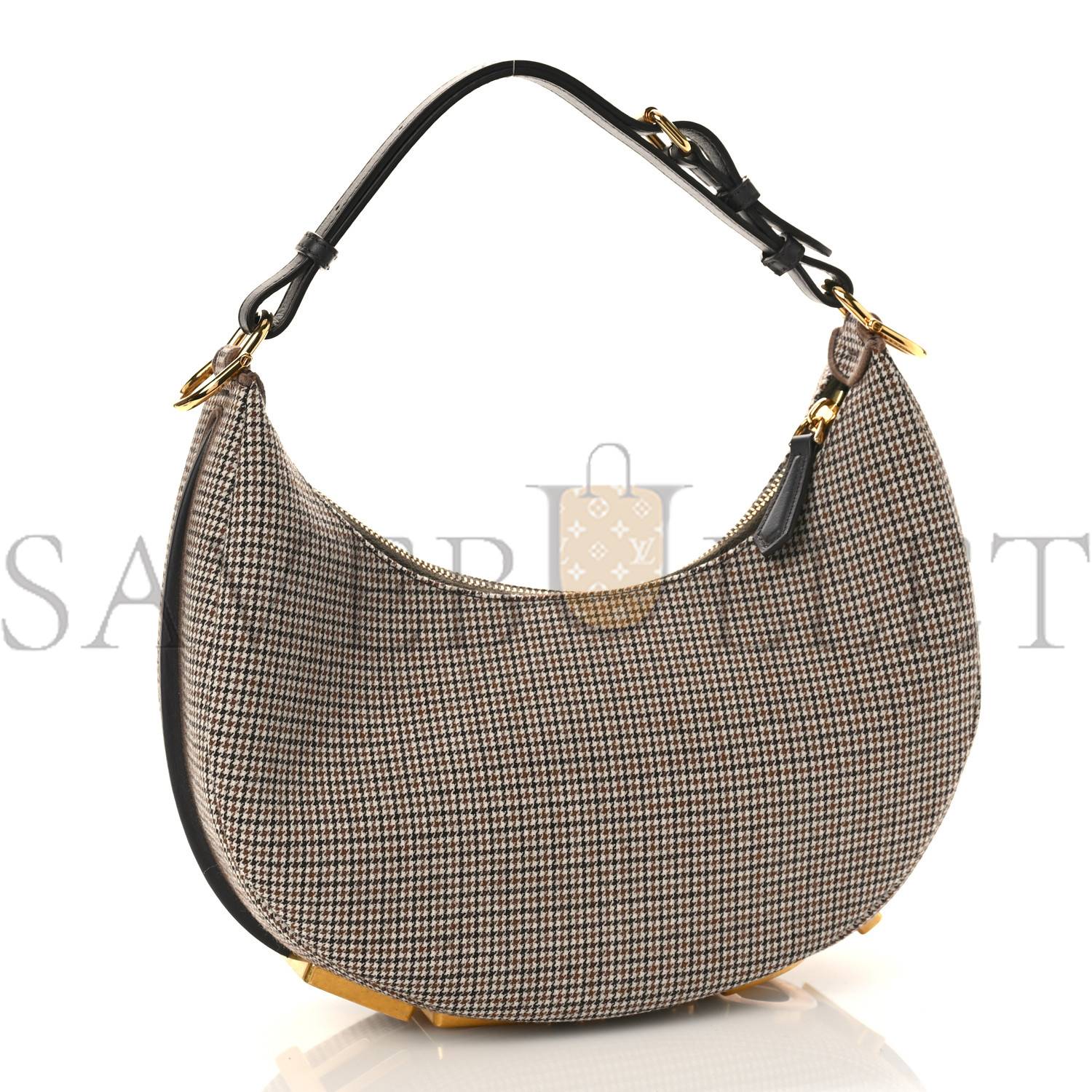 FENDI WOOL VITELLO GRACE SMALL HOUNDSTOOTH SMALL FENDIGRAPHY HOBO BAG BEIGE MORO (28*21*8cm)