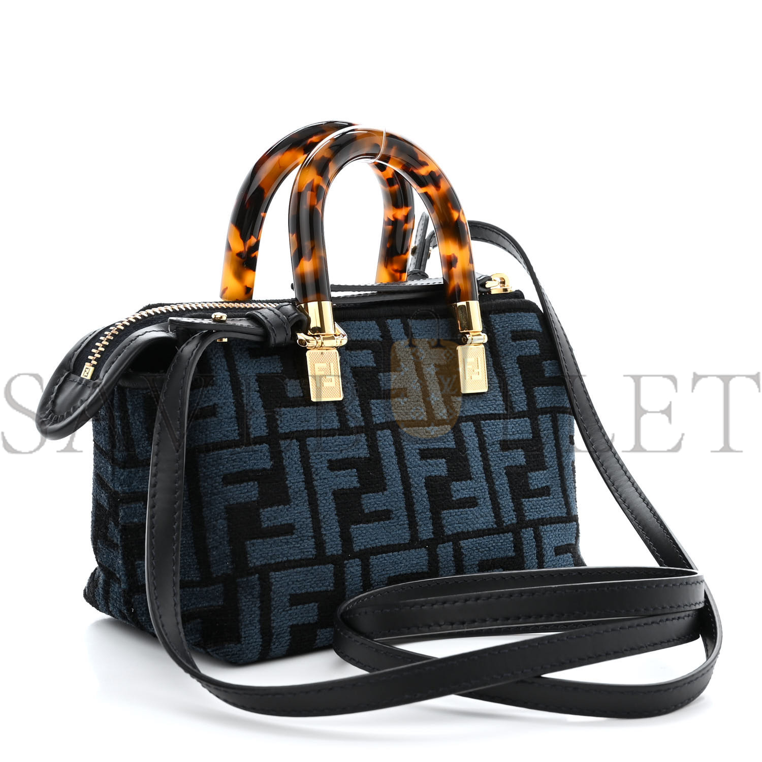 FENDI CHENILLE VITELLO KING PLEXIGLASS FF MINI BY THE WAY TOP HANDLE BOSTON BAG BLUE BLACK (17*11*8cm)