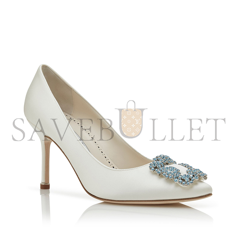 MANOLO BLAHNIK HANGISI BRIDAL 90 WHITE SATIN JEWEL BUCKLE PUMPS 421-1261-0001 MANOLO BLAHNIK HANGISI BRIDAL 90 WHITE SATIN JEWEL BUCKLE PUMPS 421-1261-0001