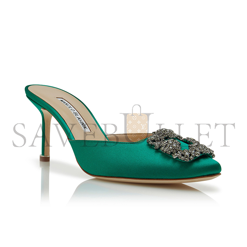 MANOLO BLAHNIK HANGISIMU GREEN SATIN JEWEL BUCKLE MULES 9XX-0726-0050 MANOLO BLAHNIK HANGISIMU GREEN SATIN JEWEL BUCKLE MULES 9XX-0726-0050
