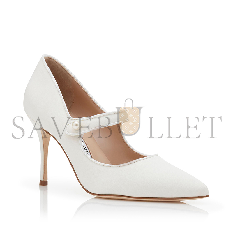 MANOLO BLAHNIK CAMPARIPEARL WHITE CREPE DE CHINE MARY JANE PUMPS 424-2023-0001 MANOLO BLAHNIK CAMPARIPEARL WHITE CREPE DE CHINE MARY JANE PUMPS 424-2023-0001