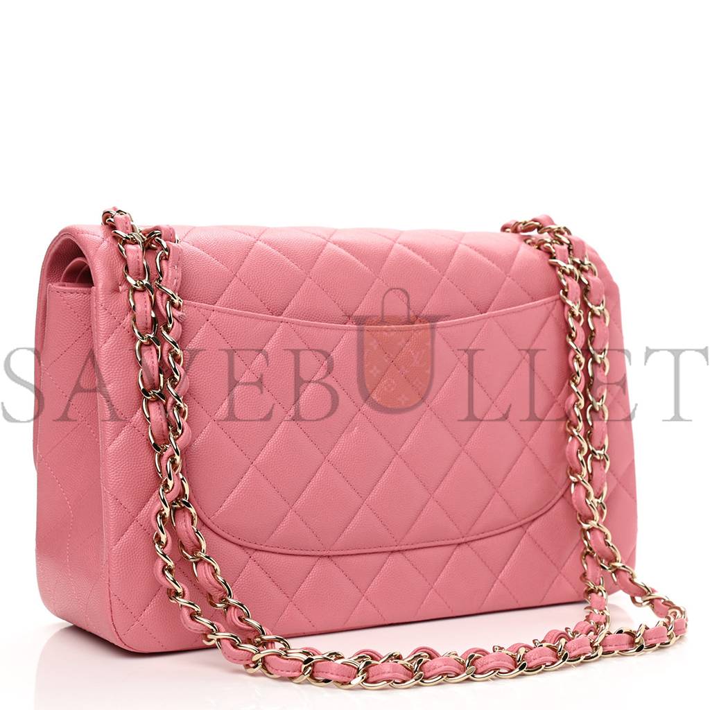 CHANEL CAVIAR QUILTED JUMBO DOUBLE FLAP DARK PINK ROSE GOLD HARDWARE (30*19*9cm)