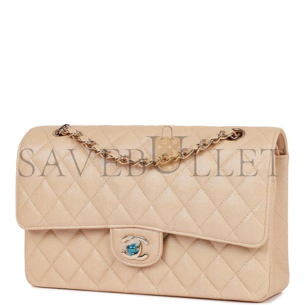 CHANEL MEDIUM CLASSIC DOUBLE FLAP BAG BEIGE IRIDESCENT CAVIAR LIGHT GOLD HARDWARE (25*15*7cm)