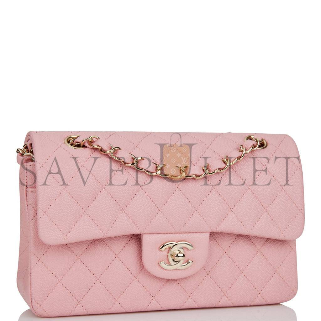 CHANEL SMALL CLASSIC DOUBLE FLAP PINK CAVIAR LIGHT GOLD HARDWARE (23*13*6cm)