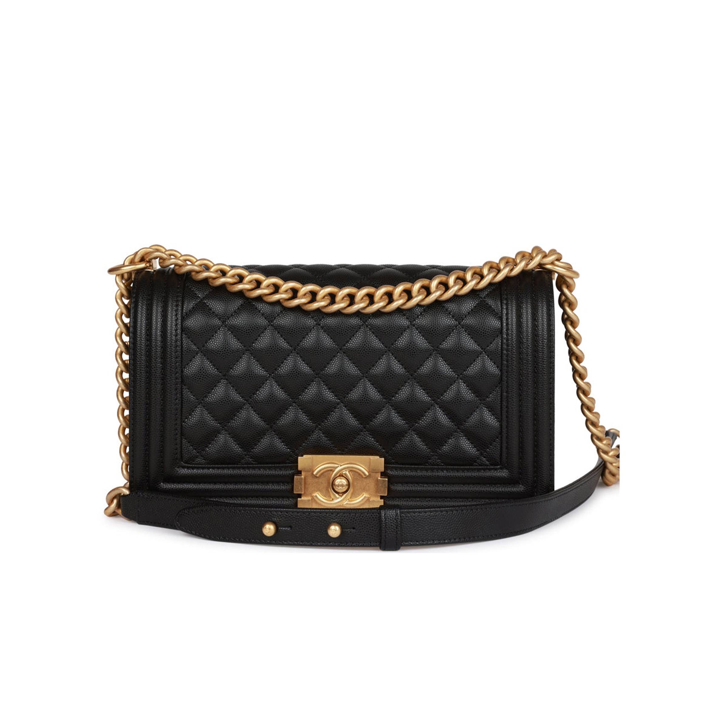 CHANEL MEDIUM BOY BAG BLACK CAVIAR ANTIQUE GOLD HARDWARE (25*15*9cm)