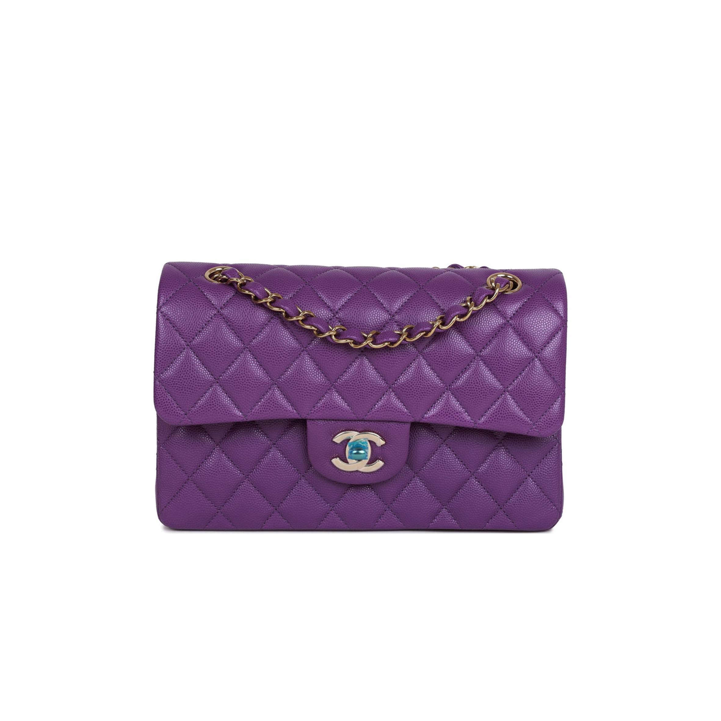 CHANEL SMALL CLASSIC DOUBLE FLAP PURPLE CAVIAR LIGHT GOLD HARDWARE (23*13*6cm)