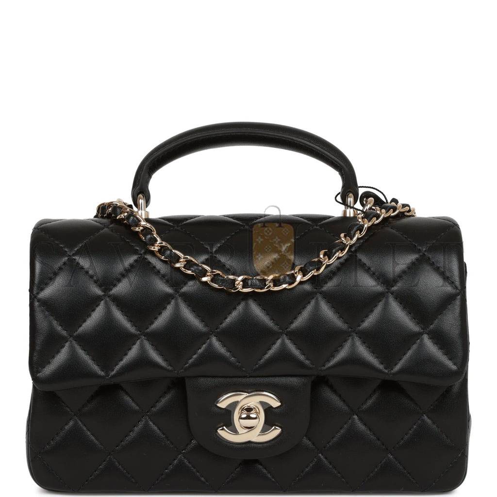 CHANEL MINI RECTANGULAR FLAP BAG WITH TOP HANDLE BLACK LAMBSKIN LIGHT GOLD HARDWARE (22*15*8cm)