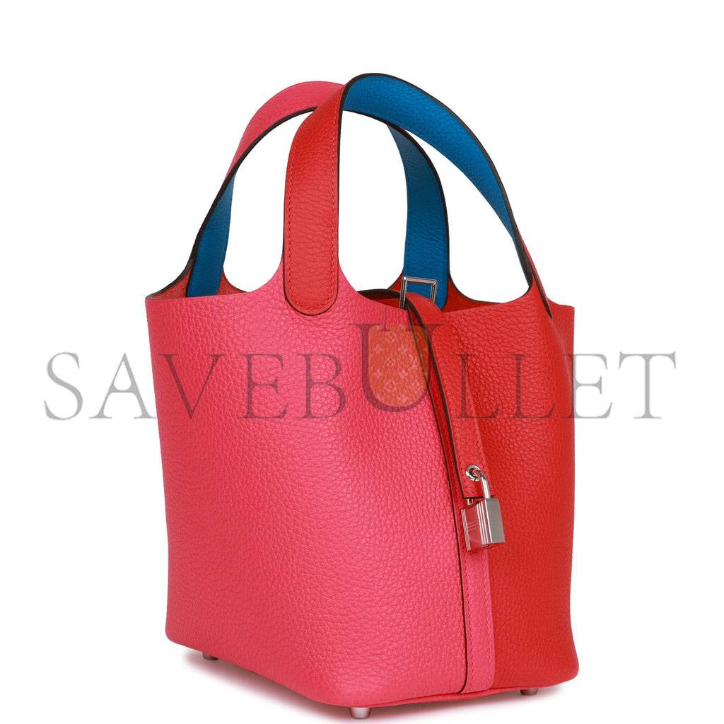 HERMES PICOTIN LOCK 18 CASAQUE ROUGE DE COEUR, ROSE EXTREME AND BLEU ZANZIBAR CLEMENCE PALLADIUM HARDWARE (18*13*18cm)