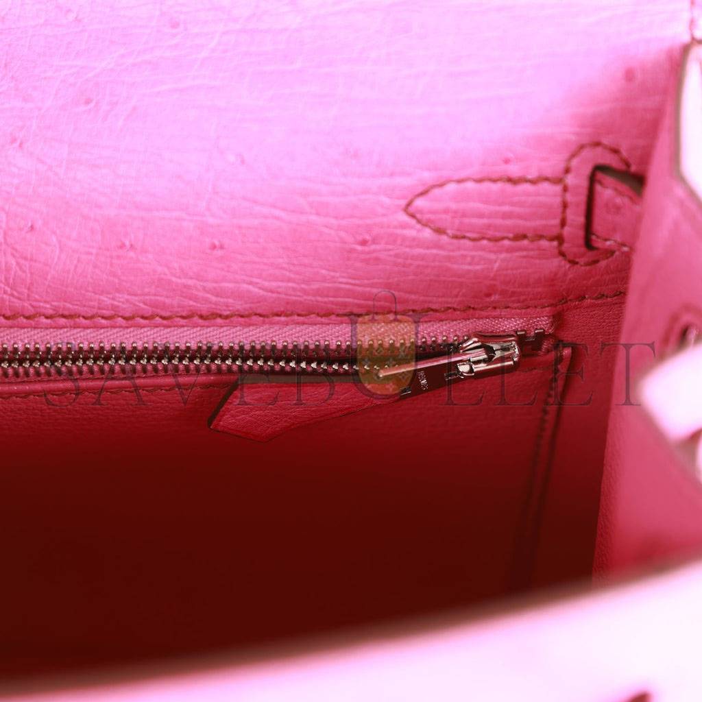 HERMES KELLY SELLIER 25 FUCHSIA OSTRICH PALLADIUM HARDWARE (25*17*7cm)