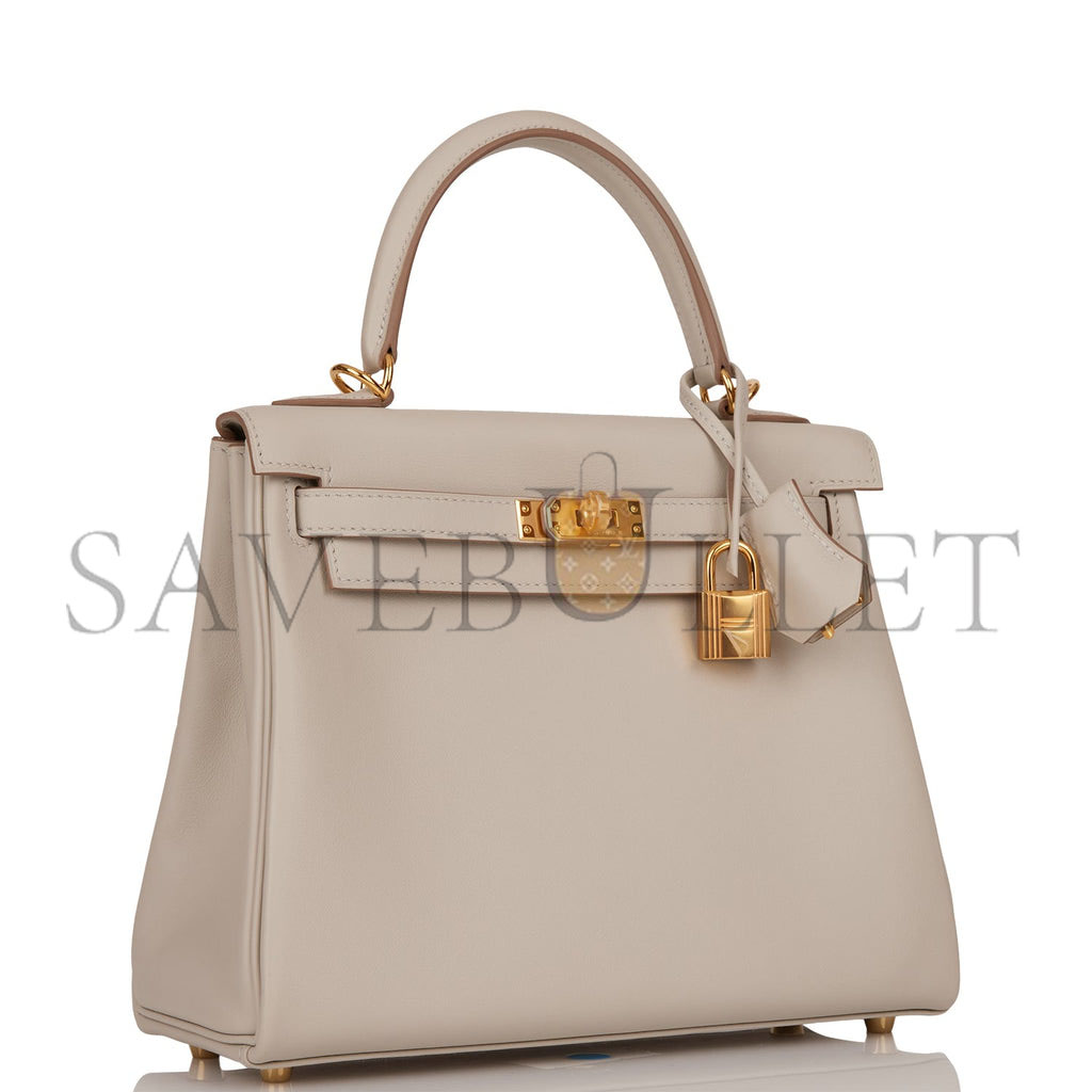 HERMES KELLY RETOURNE 25 GRIS PERLE SWIFT GOLD HARDWARE HANDMADE (25*17*7cm)