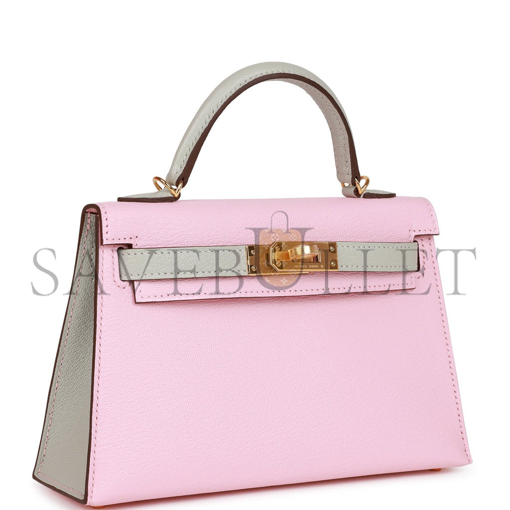 HERMES SPECIAL ORDER (HSS) KELLY SELLIER 20 ROSE SAKURA AND GRIS PERLE CHEVRE GOLD HARDWARE  (19*12*5.5cm)