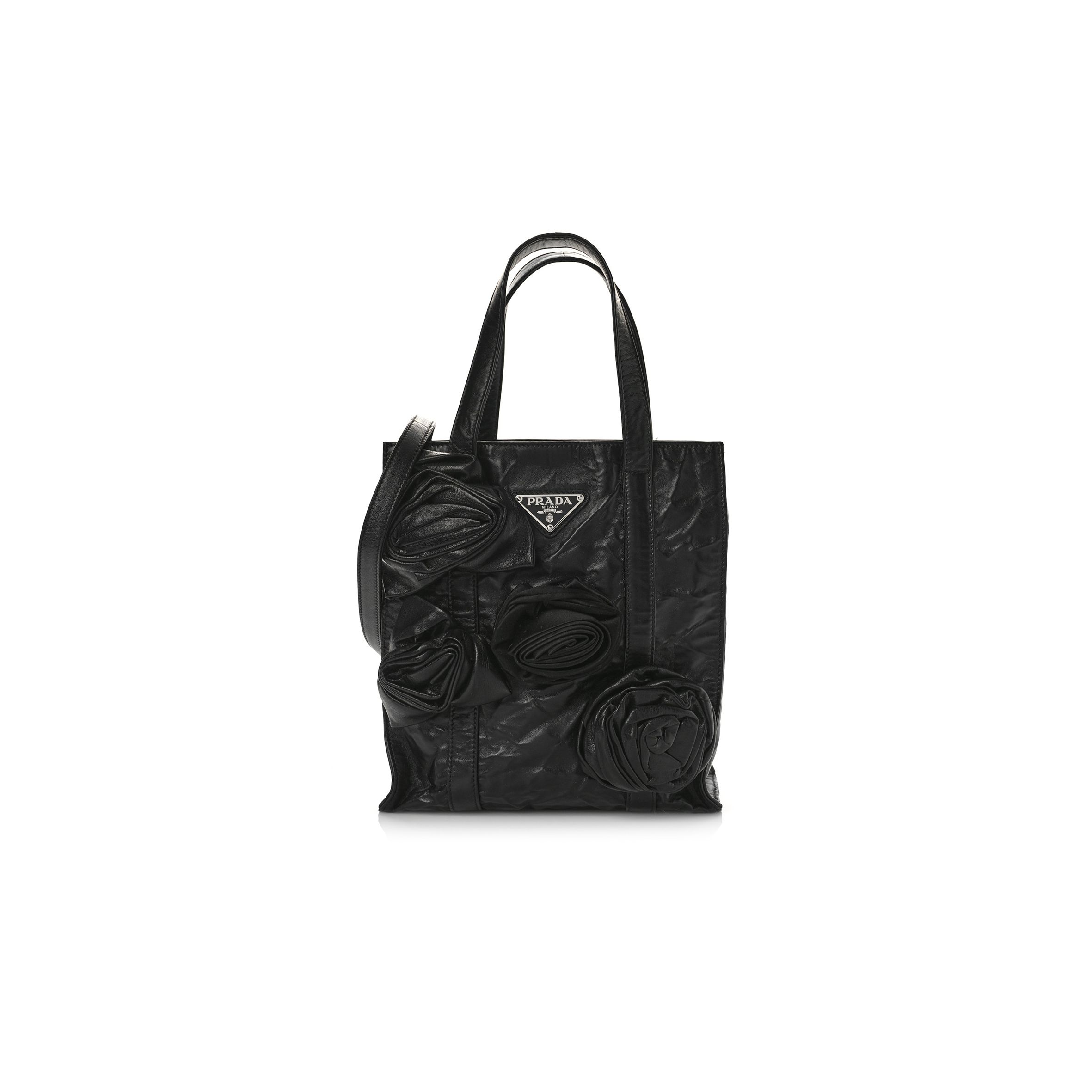 PRADA NAPPA MINI ANTIQUE ROSETTE FLOWER TOTE BAG BLACK (24*22*10cm)