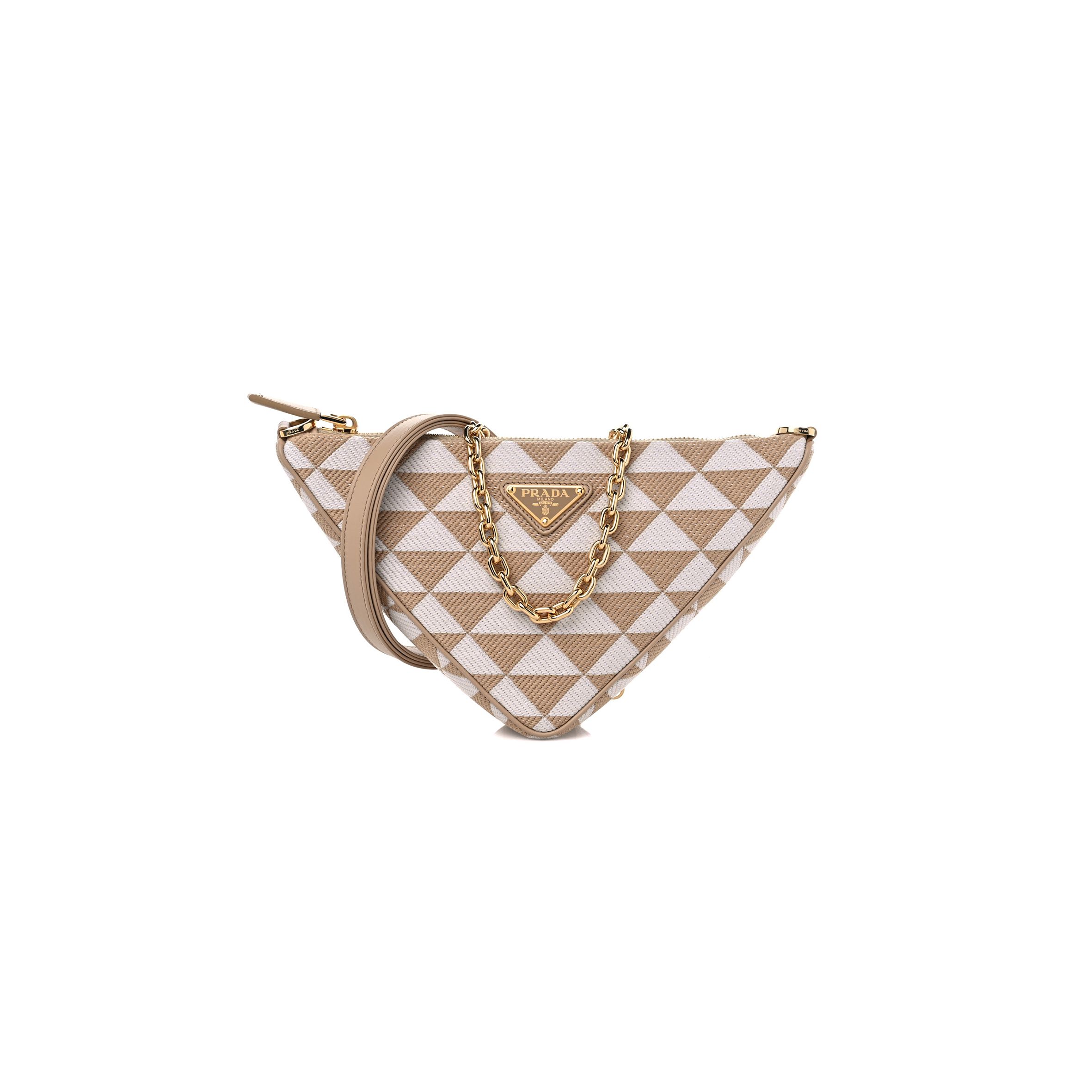 PRADA JACQUARD TRIANGOLO SYMBOLE EMBROIDERED MINI TRIANGLE SHOULDER BAG BEIGE CHALK WHITE (27*15*6cm)