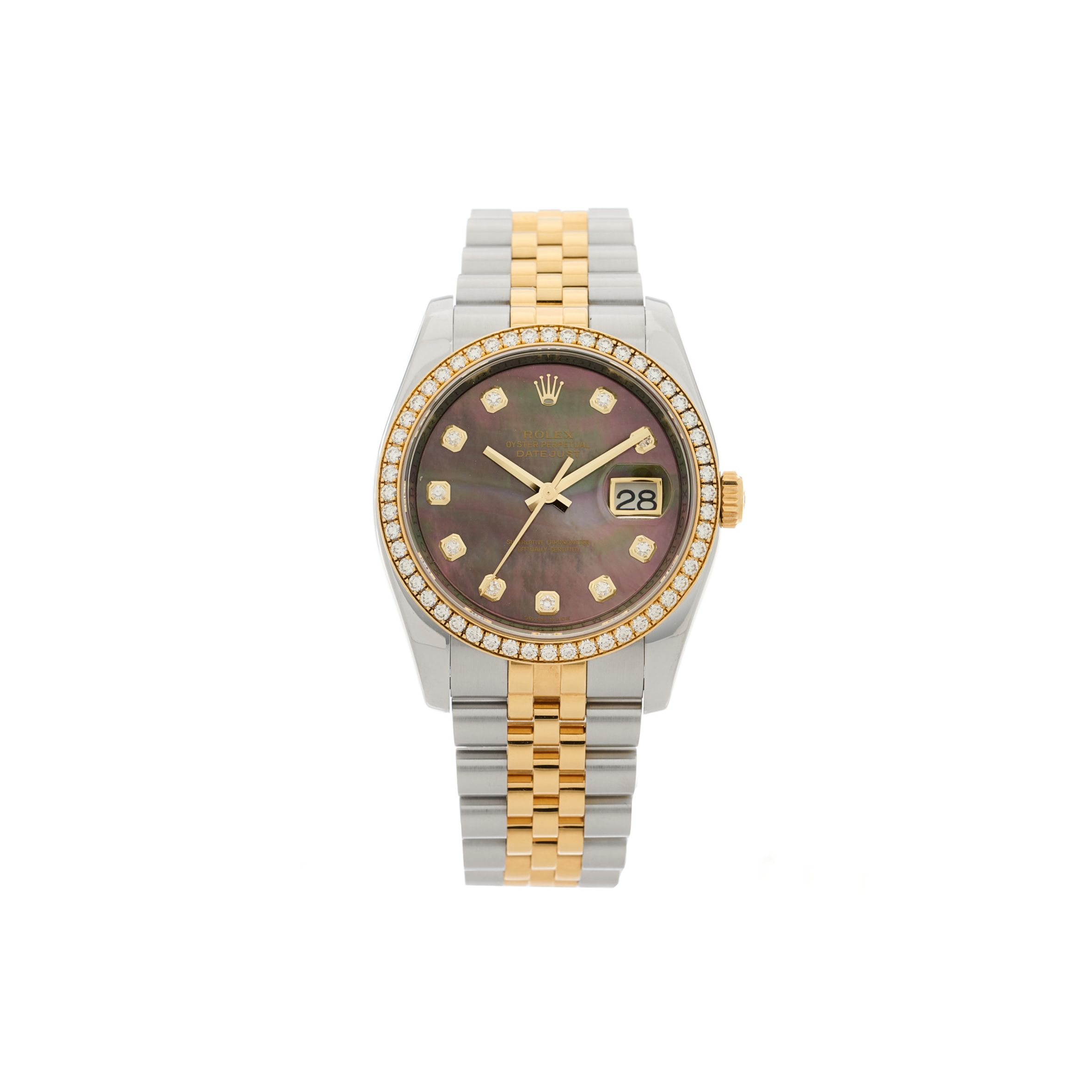 ROLEX STAINLESS STEEL 18K YELLOW GOLD DIAMOND BLACK MOTHER OF PEARL 36MM OYSTER PERPETUAL DATEJUST WATCH 116243