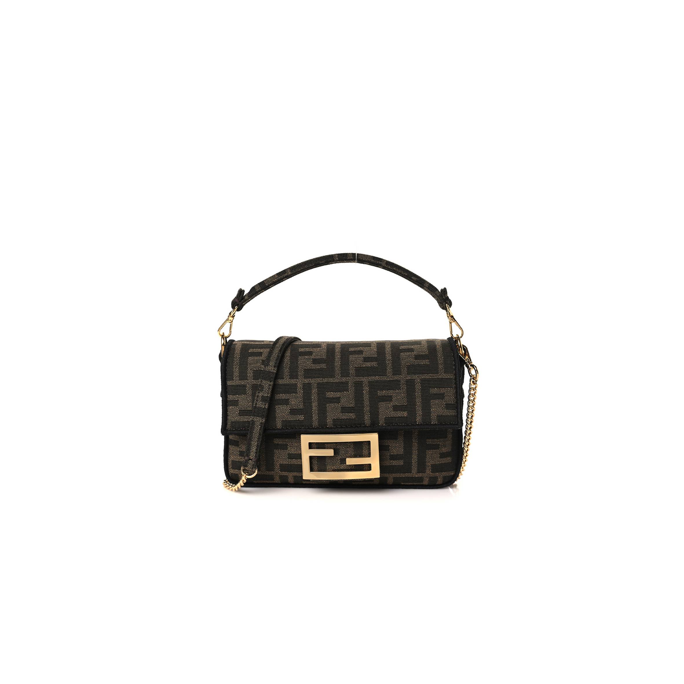 FENDI FABRIC JACQUARD FF 1974 MINI BAGUETTE TOBACCO MORO BLACK (19*11*5cm)