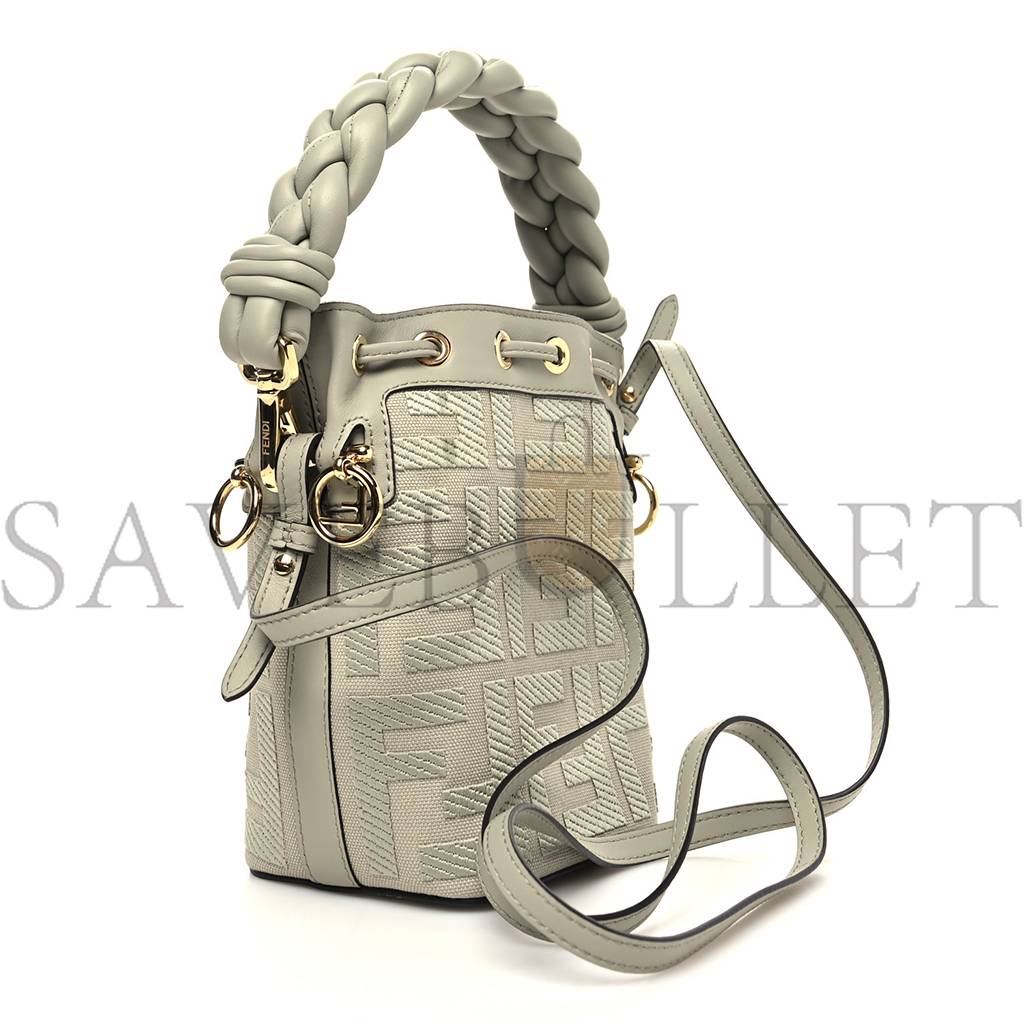 FENDI CANVAS VITELLO GRACE F IS FENDI FF EMBROIDERED MINI MON TRESOR BUCKET BAG LIGHT GREEN (18*12*10cm)